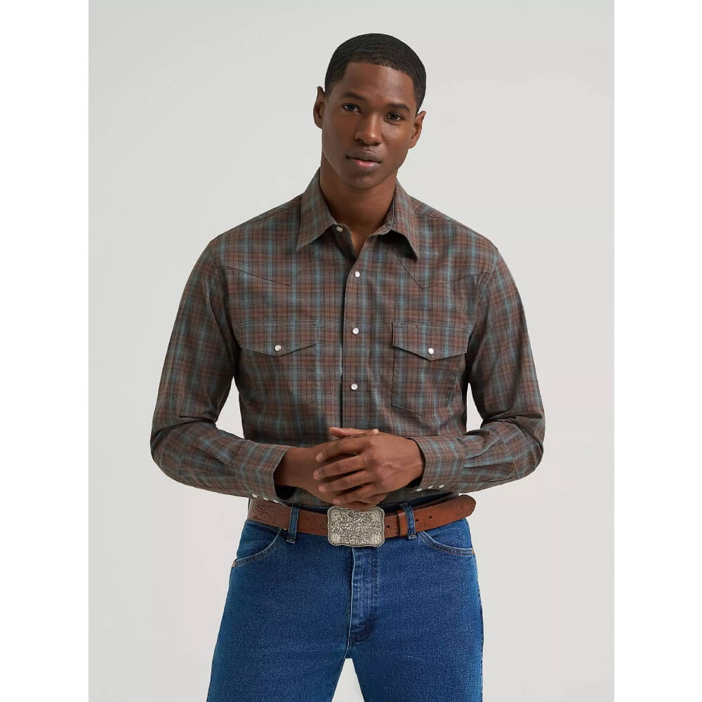 Wrangler Mens Wrinkle Resist Western Snap Plaid Shirt Weathered Teal - 112385341