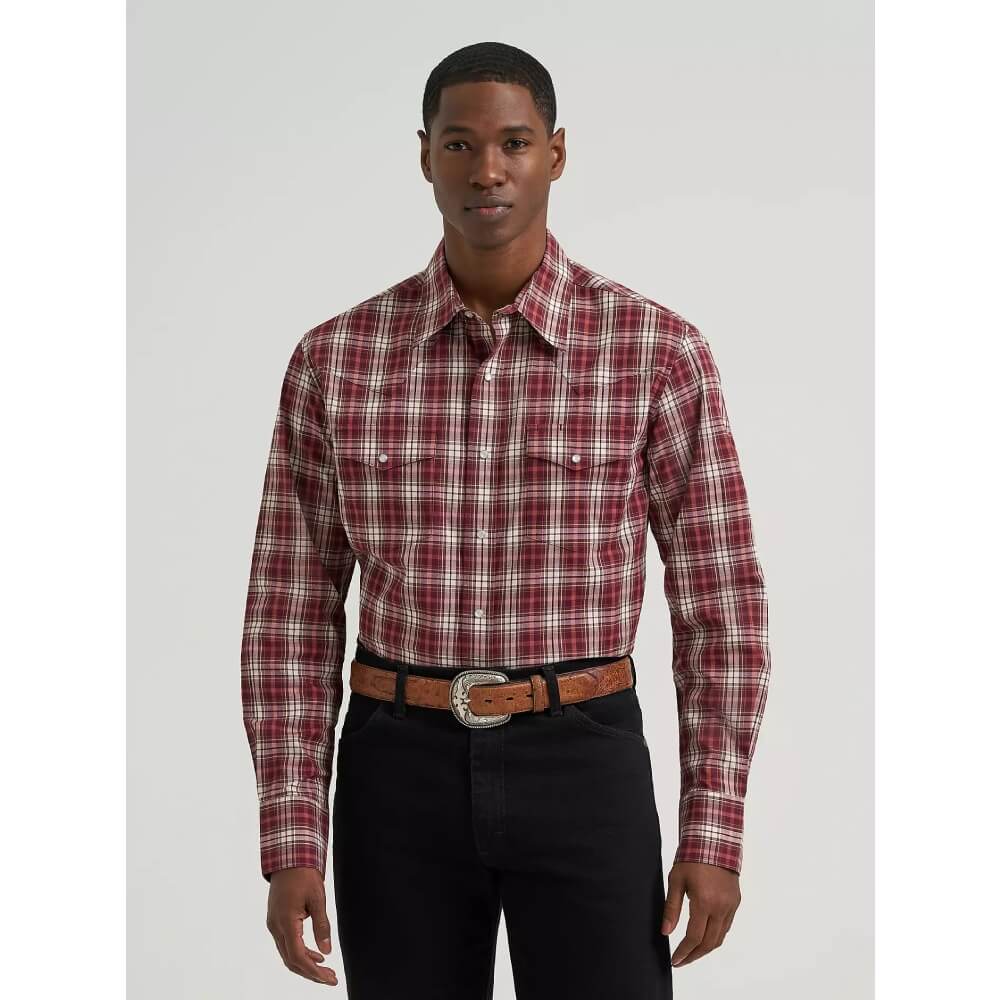 Wrangler Mens Wrinkle Resist Western Snap Shirt Crosscut Burgundy - 112385342