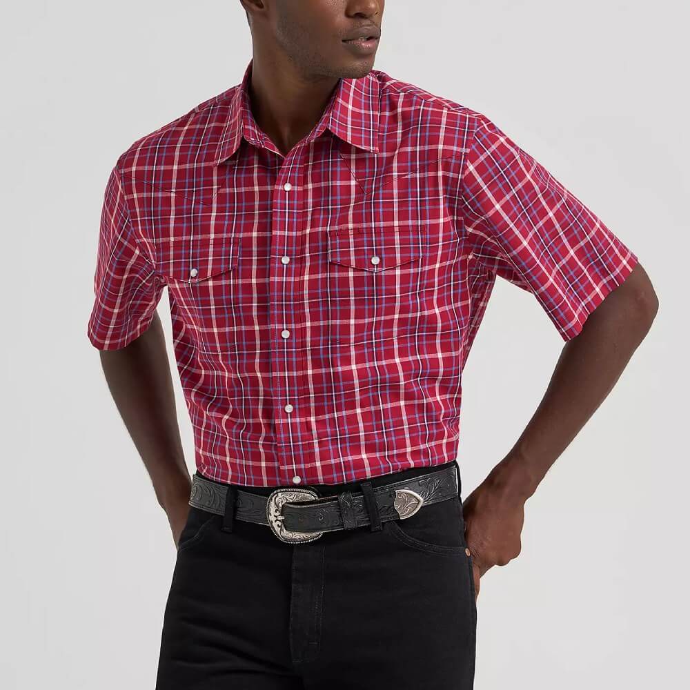 Wrangler Mens Wrinkle Resist Western Snap Shirt Deep Cherry - 112374878