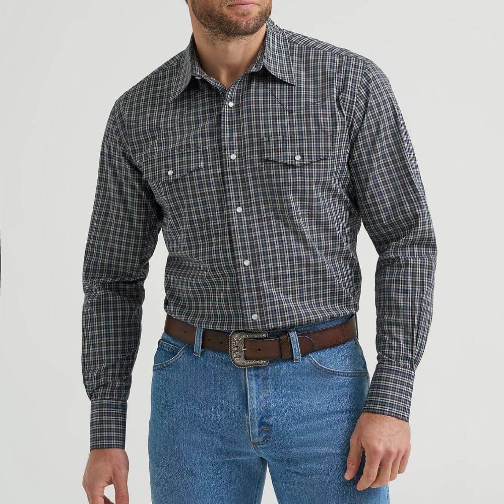 Wrangler Mens Wrinkle Resist Western Snap Shirt Deep Grey Plaid - 112369399