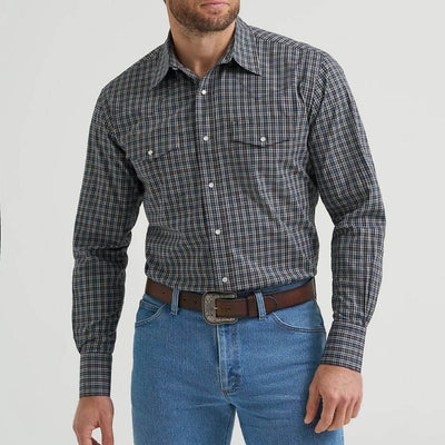 Wrangler Mens Wrinkle Resist Western Snap Shirt Deep Grey Plaid - 112369399