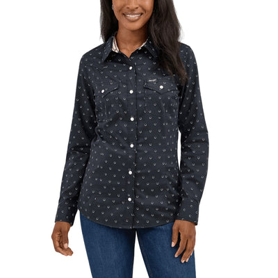 Wrangler Womens All Occasion Western Snap Shirt Horseshoe Black