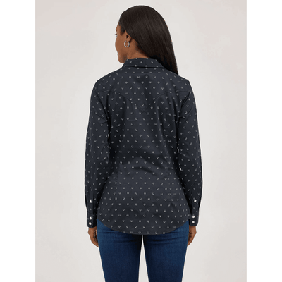 Wrangler Womens All Occasion Western Snap Shirt Horseshoe Black