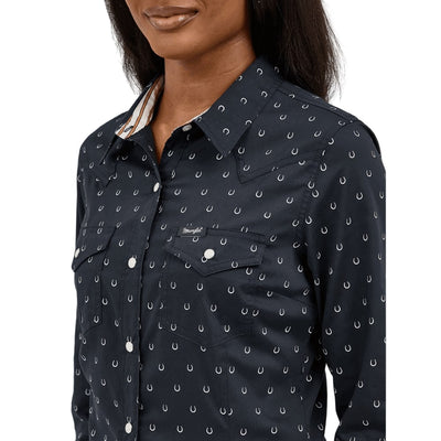 Wrangler Womens All Occasion Western Snap Shirt Horseshoe Black