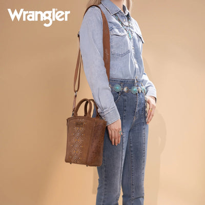 Wrangler Womens Aztec Embroidered Floral Embossed Tote/Crossbody Brown - WG211-8014BR