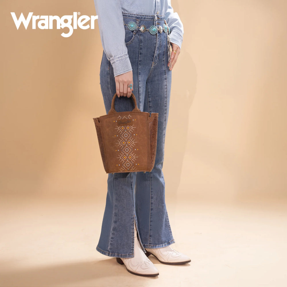 Wrangler Womens Aztec Embroidered Floral Embossed Tote/Crossbody Brown - WG211-8014BR