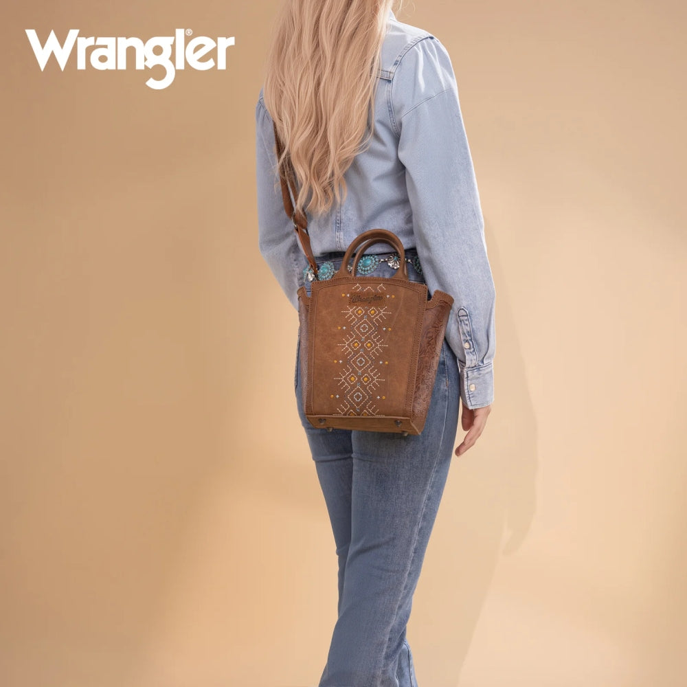 Wrangler Womens Aztec Embroidered Floral Embossed Tote/Crossbody Brown - WG211-8014BR