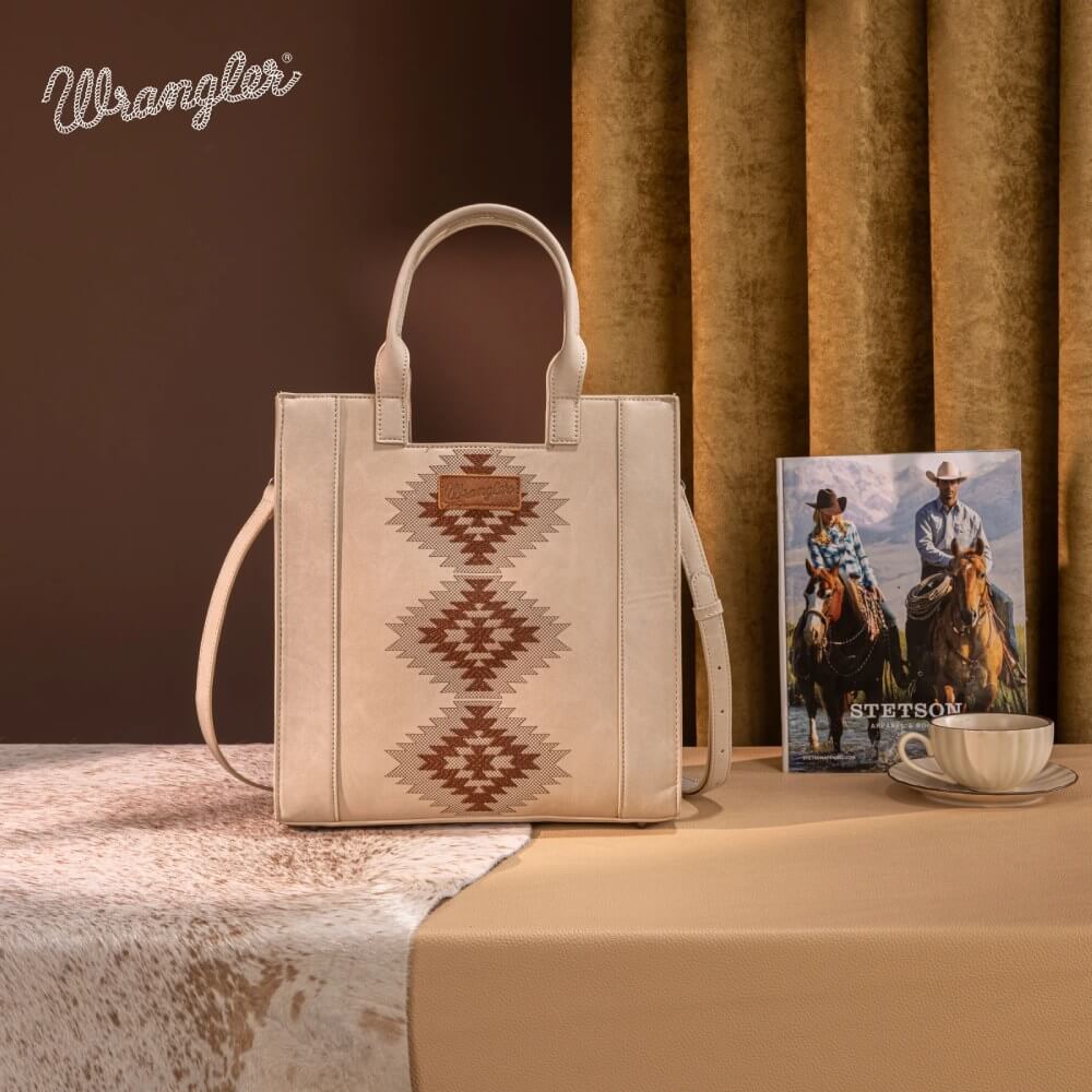 Wrangler Womens Aztec Embroidered Tote Bag/Crossbody Beige - WG218-8900BG