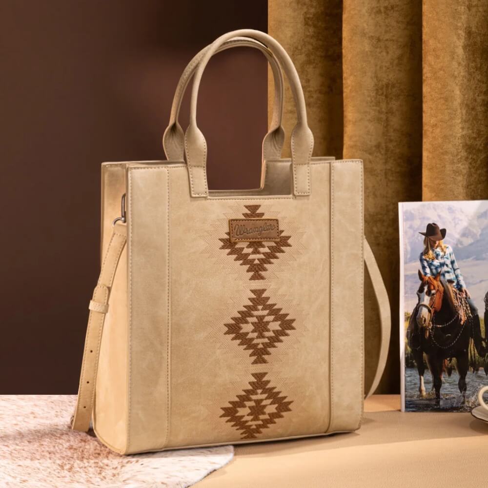 Wrangler Womens Aztec Embroidered Tote Bag/Crossbody Tan - WG218-8900TN