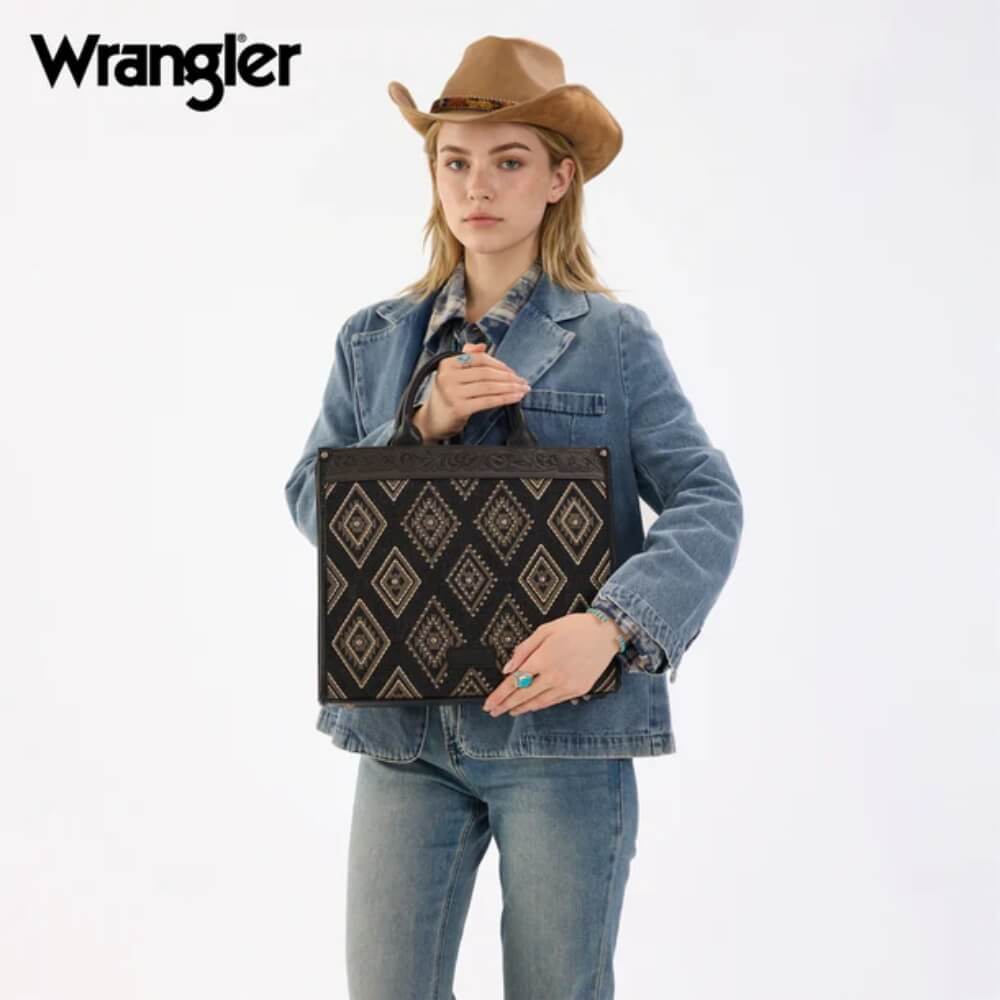 Wrangler Womens Aztec Studded Denim Tote/Crossbody Bag Black - WG435-8119BK
