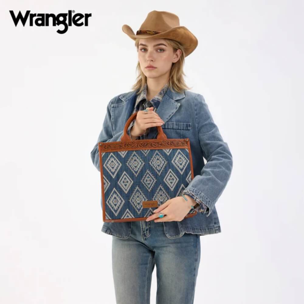 Wrangler Womens Aztec Studded Denim Tote/Crossbody Bag Jean - WG435-8119JN