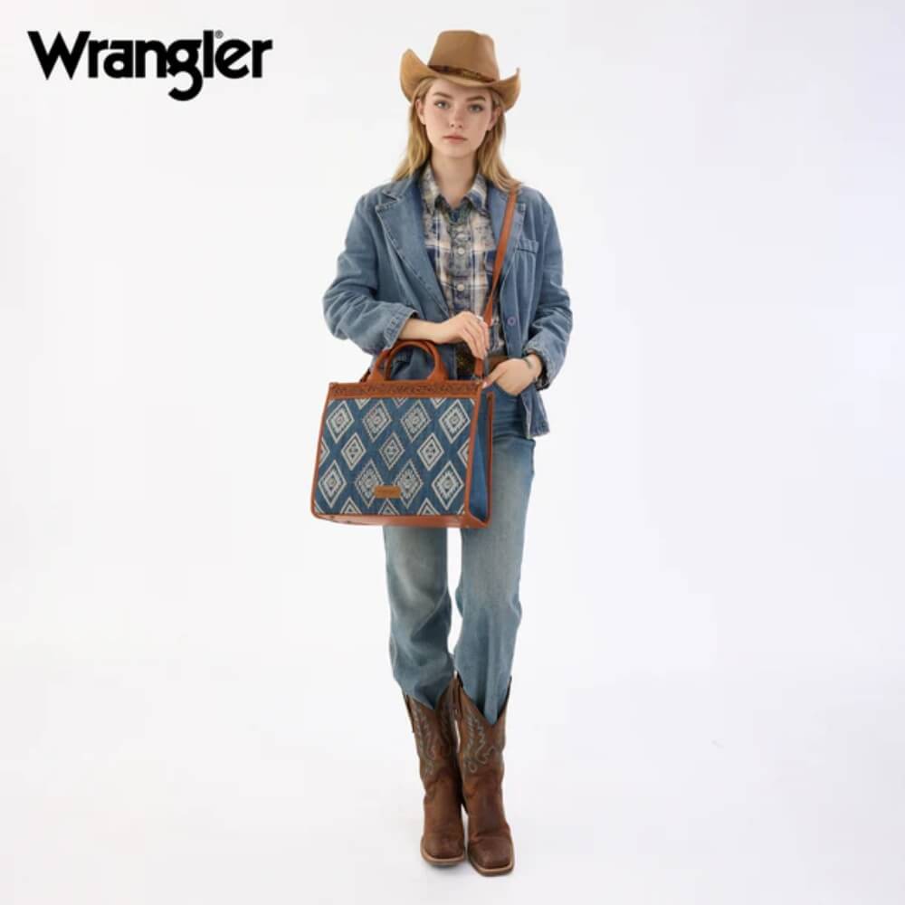 Wrangler Womens Aztec Studded Denim Tote/Crossbody Bag Jean