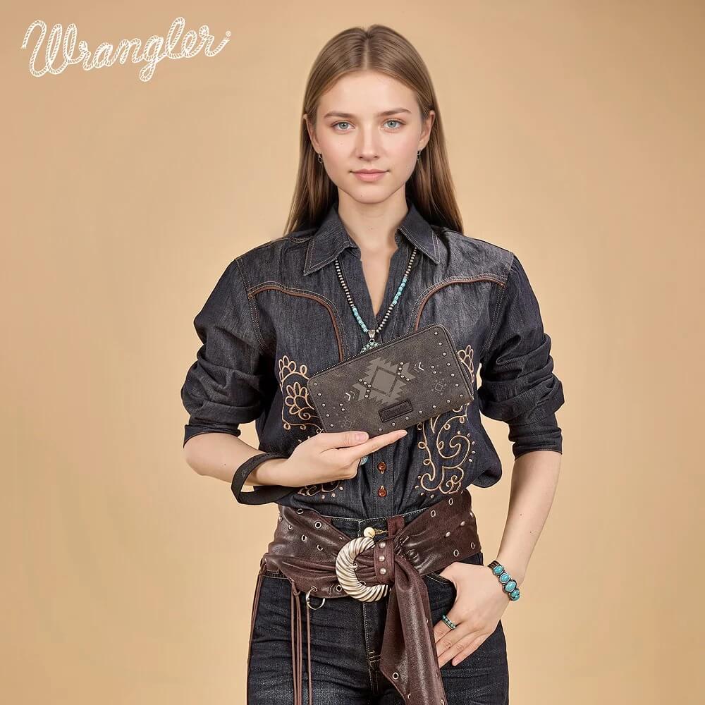 Wrangler Womens Aztec Studded Zip-Around Wallet Black - WG333-W006BK