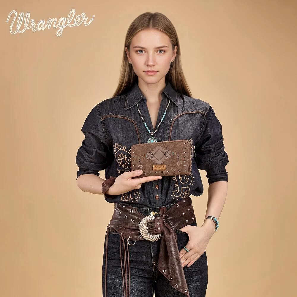 Wrangler Womens Aztec Studded Zip-Around Wallet Coffee - WG333-W006CF