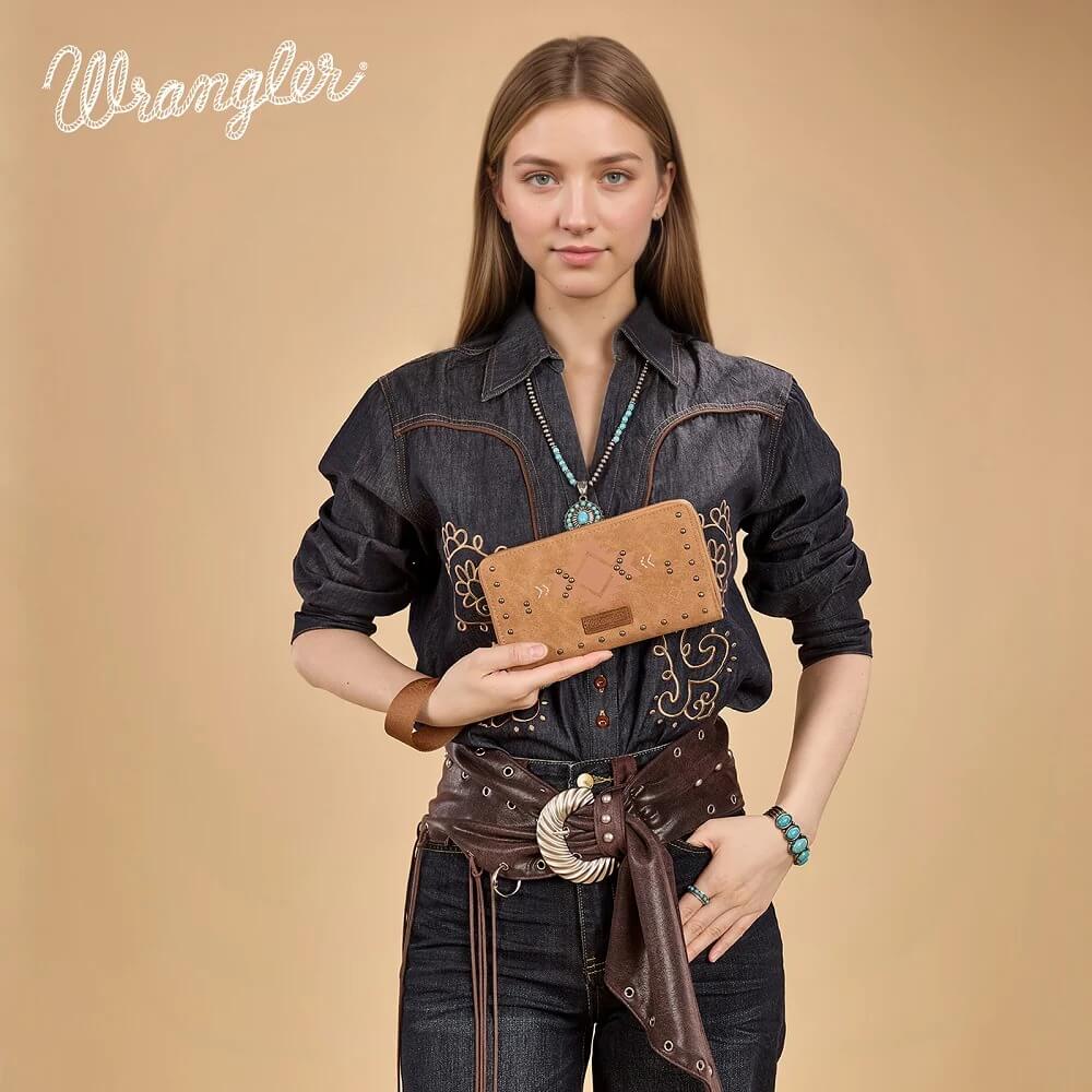 Wrangler Womens Aztec Studded Zip-Around Wallet Light Brown - WG333-W006LBR