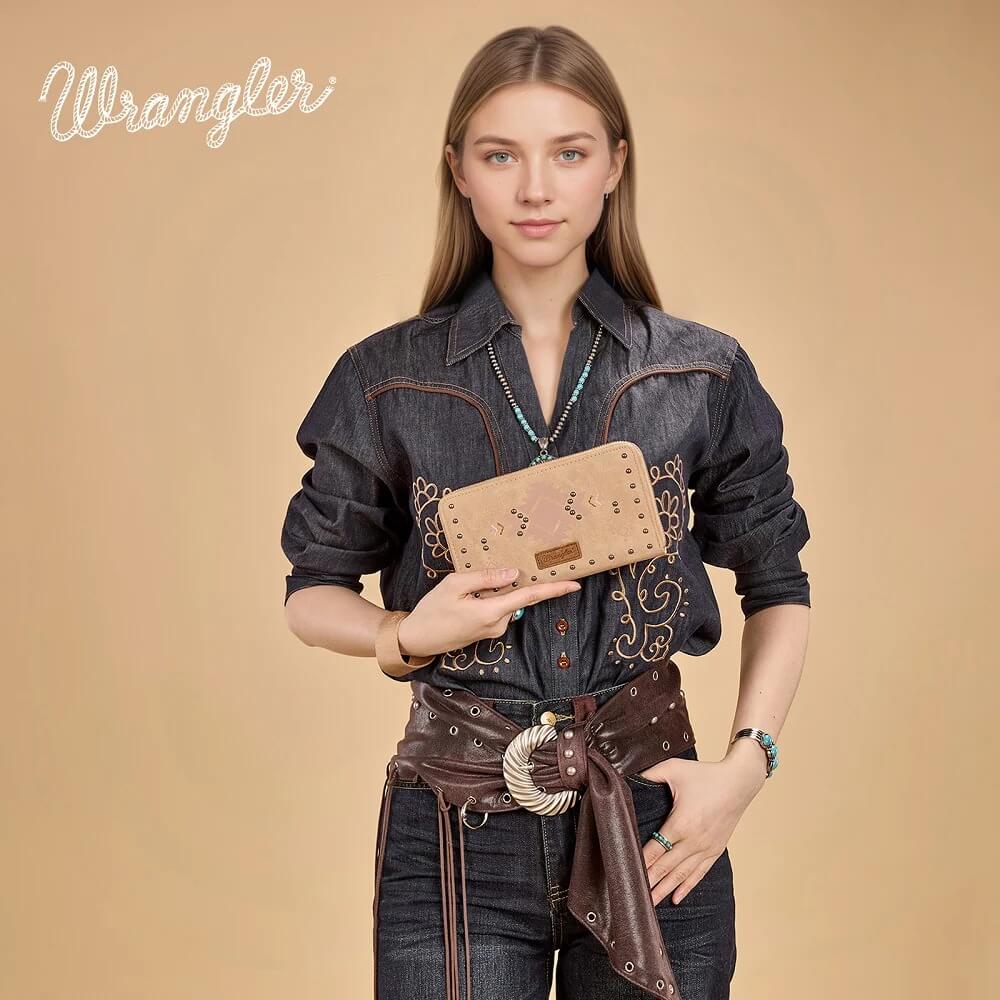 Wrangler Womens Aztec Studded Zip-Around Wallet Tan - WG333-W006TN