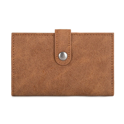 Brown wallet with a silver clasp on a white background