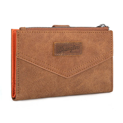 Brown wallet with a visible brand logo on a white background