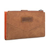Brown wallet with a visible brand logo on a white background