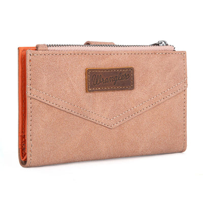 Beige wallet with a brown leather patch featuring 'Wrangler' branding on a white background.