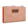 Beige wallet with a brown leather patch featuring 'Wrangler' branding on a white background.