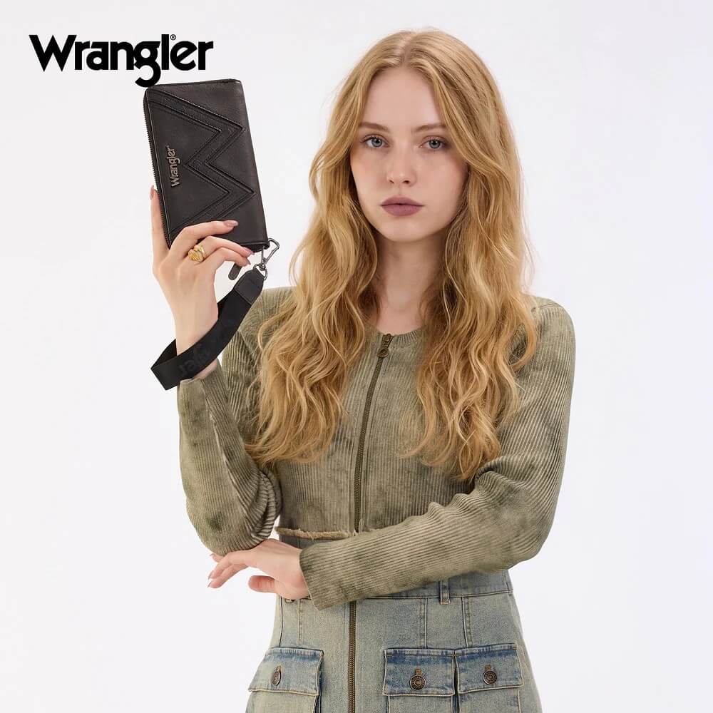 Wrangler Womens Chevron Stitch Zip Around Wristlet Wallet Black - WG480-W006BK