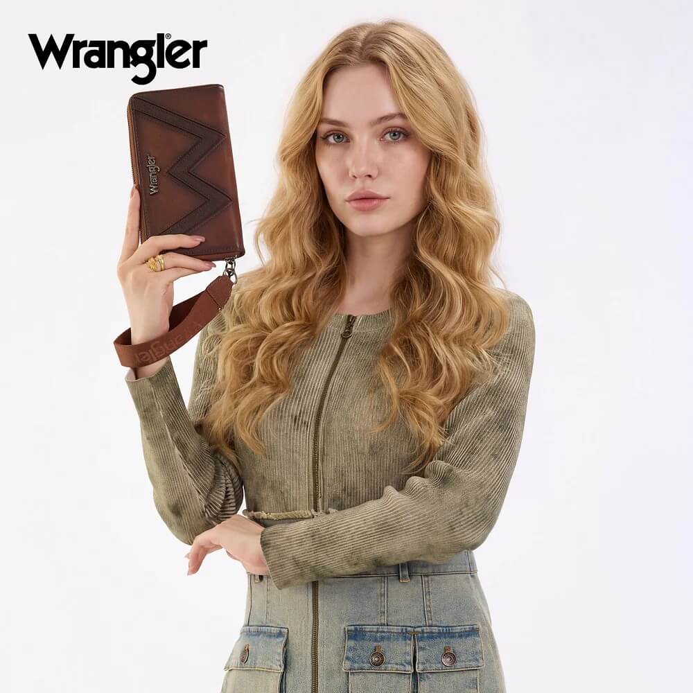 Wrangler Womens Chevron Stitch Zip Around Wristlet Wallet Brown - WG480-W006BR