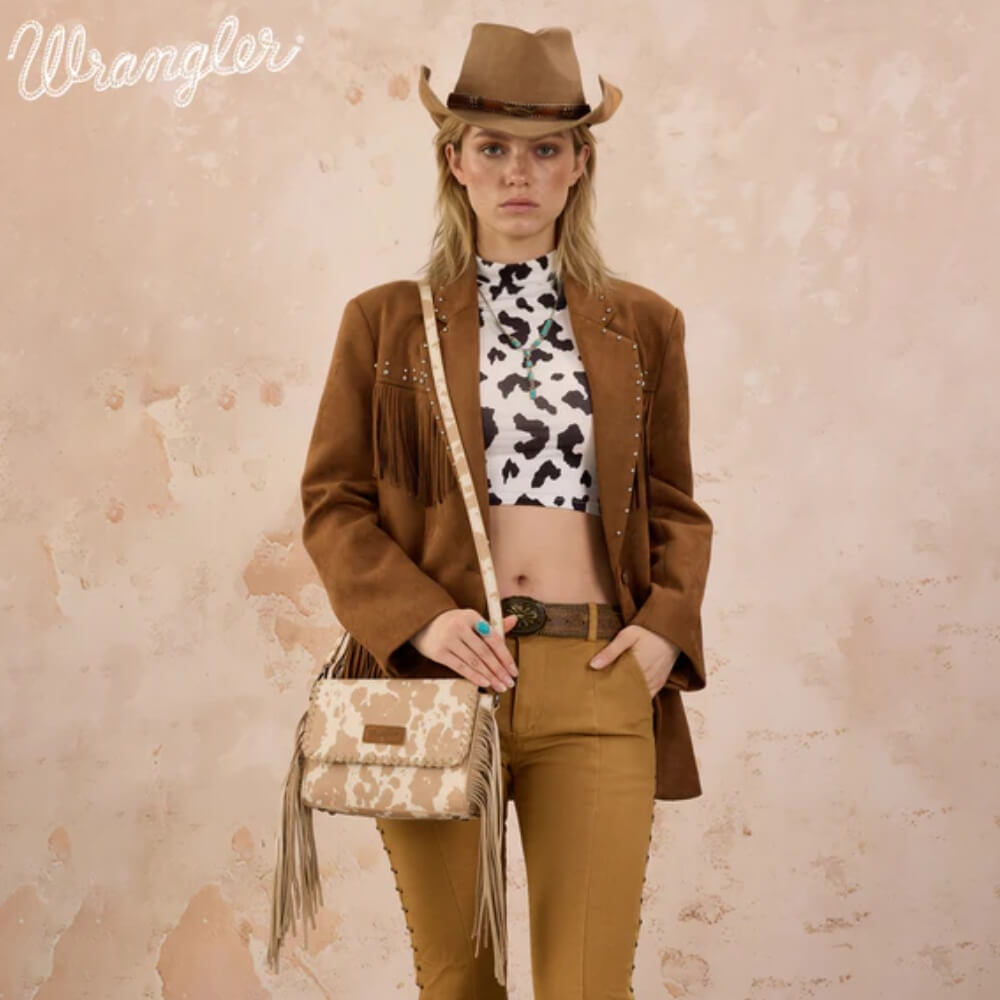 Wrangler Womens Cow Print Fringe Crossbody Bag Tan - WG444-1818TN