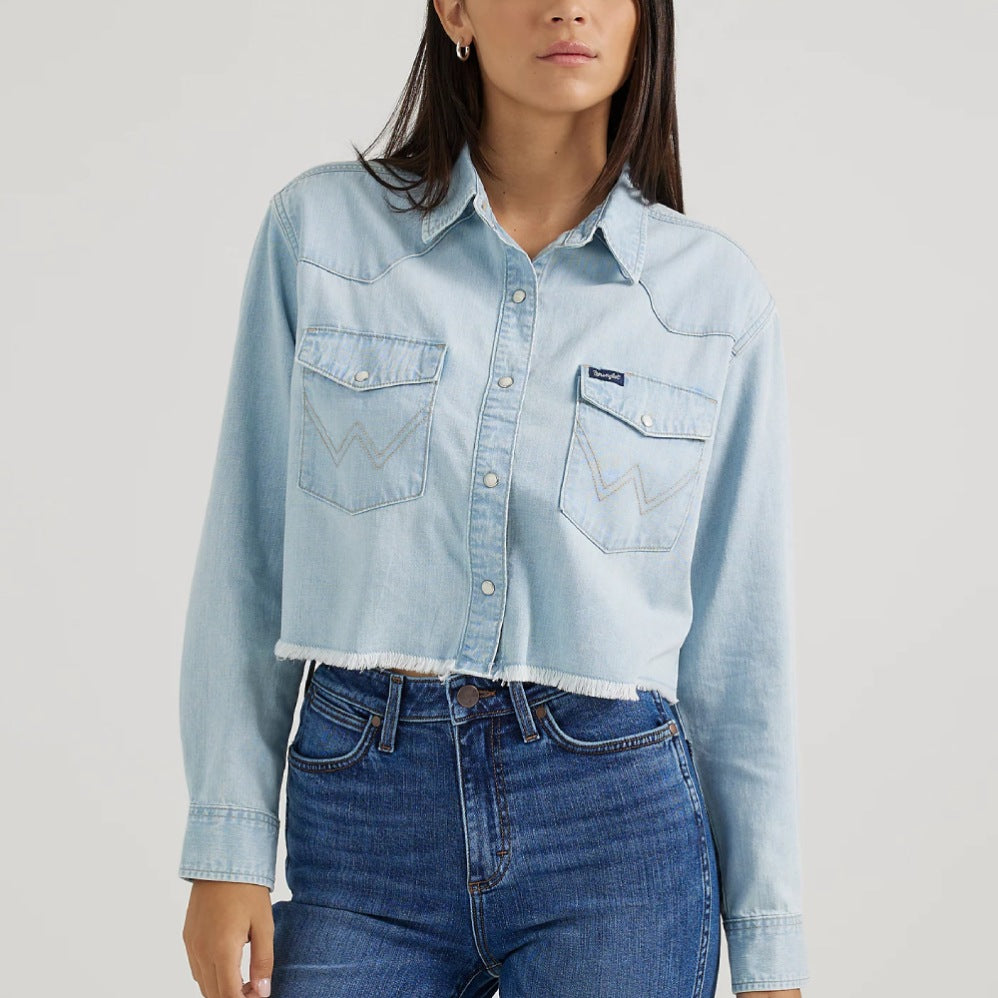 Wrangler Womens Cut-Off Denim Boyfriend Shirt