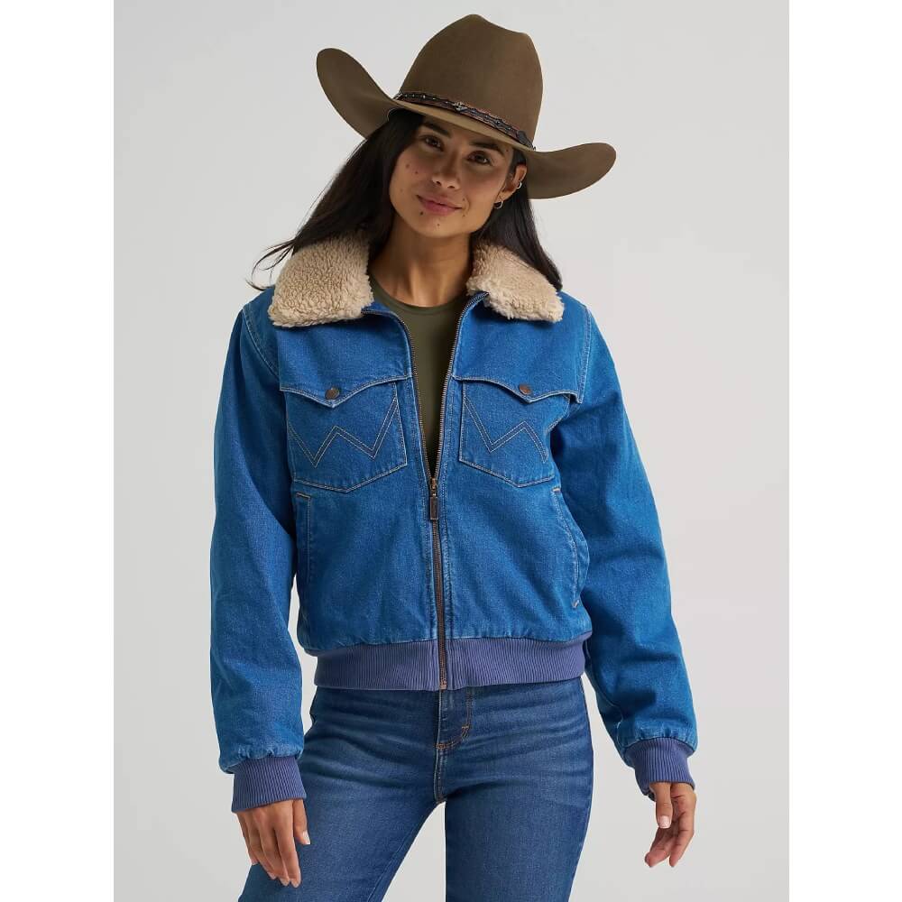 Wrangler Womens Denim Sherpa-Lined Bomber Jacket Denim - 112382738