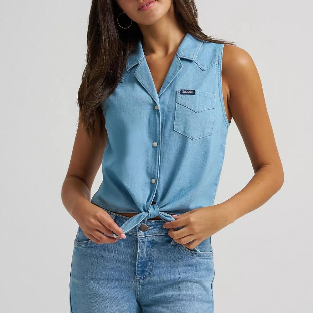 Wrangler Womens Denim Sleeveless Tie Front Shirt