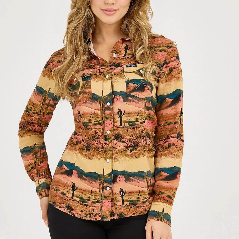 Wrangler Womens Desert Print Western Shirt Desert Tan (yellow) - 112371687