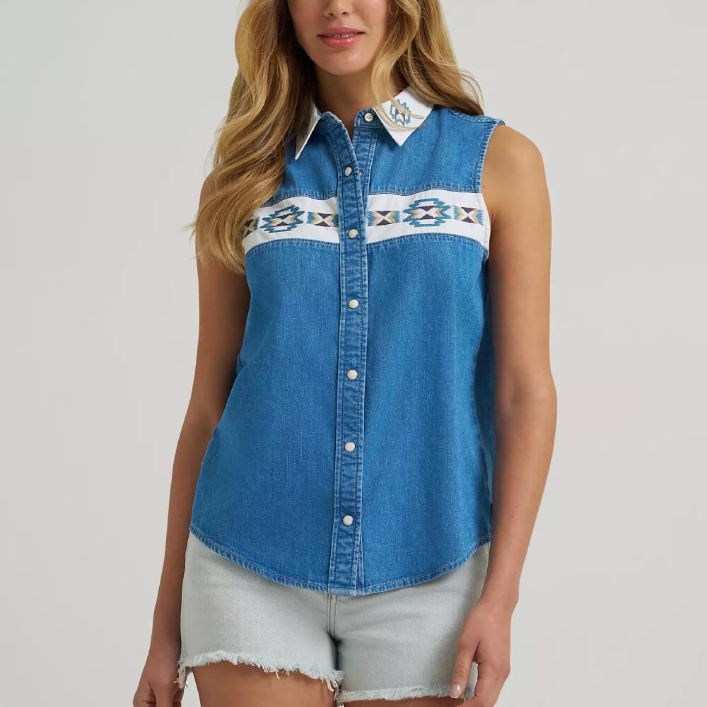 Wrangler Womens Embellished Denim Snap Shirt