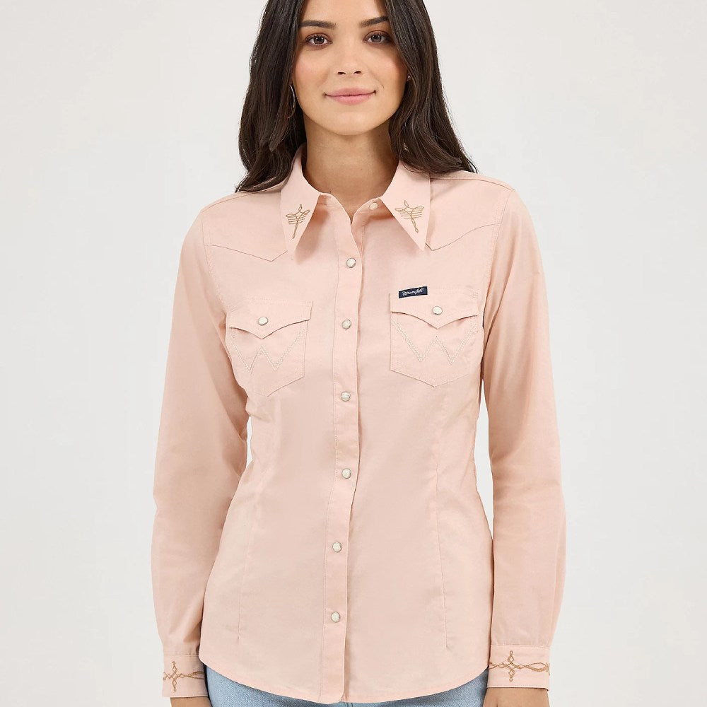 Wrangler Womens Embroidered Collar Slim Western Shirt Pink - 112372603