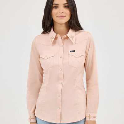 Wrangler Womens Embroidered Collar Slim Western Shirt Pink - 112372603