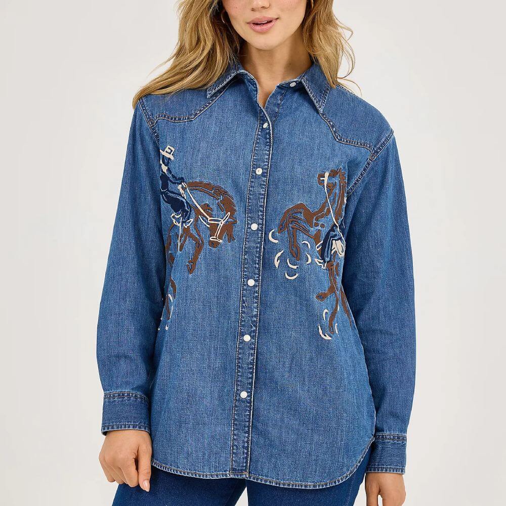 Wrangler Womens Embroidered Horses Western Snap Shirt Embroidery Mid Wash - 112371715