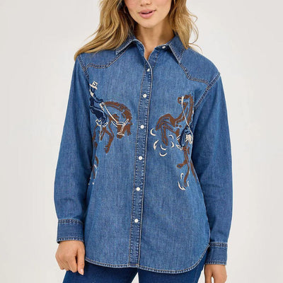 Wrangler Womens Embroidered Horses Western Snap Shirt Embroidery Mid Wash - 112371715