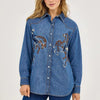 Wrangler Womens Embroidered Horses Western Snap Shirt Embroidery Mid Wash - 112371715