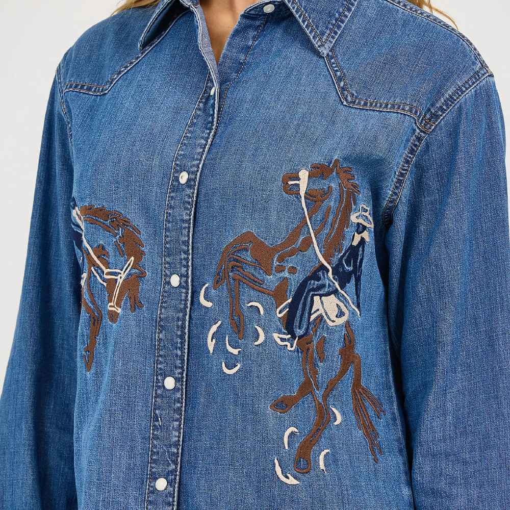 Wrangler Womens Embroidered Horses Western Snap Shirt Embroidery Mid Wash - 112371715