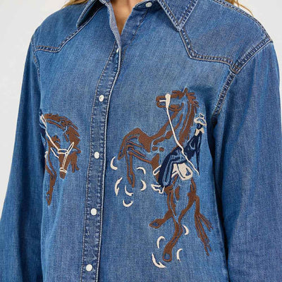 Wrangler Womens Embroidered Horses Western Snap Shirt Embroidery Mid Wash - 112371715
