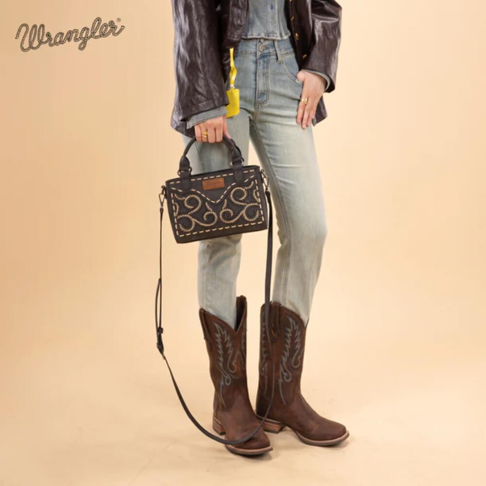 Wrangler Womens Embroidered Swirl Mini Satchel/ Crossbody Black - WG337-2003BK