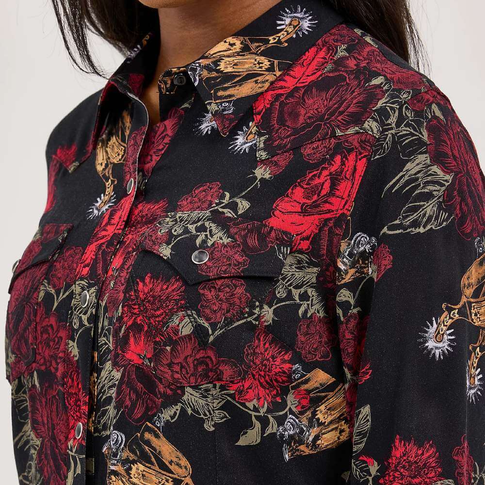 Wrangler Womens Floral Western Snap Dress Black - 112371691