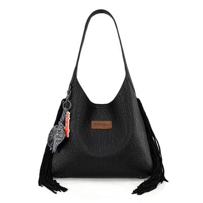 Wrangler Womens Fringe Floral Tooled Hobo Bag Black
