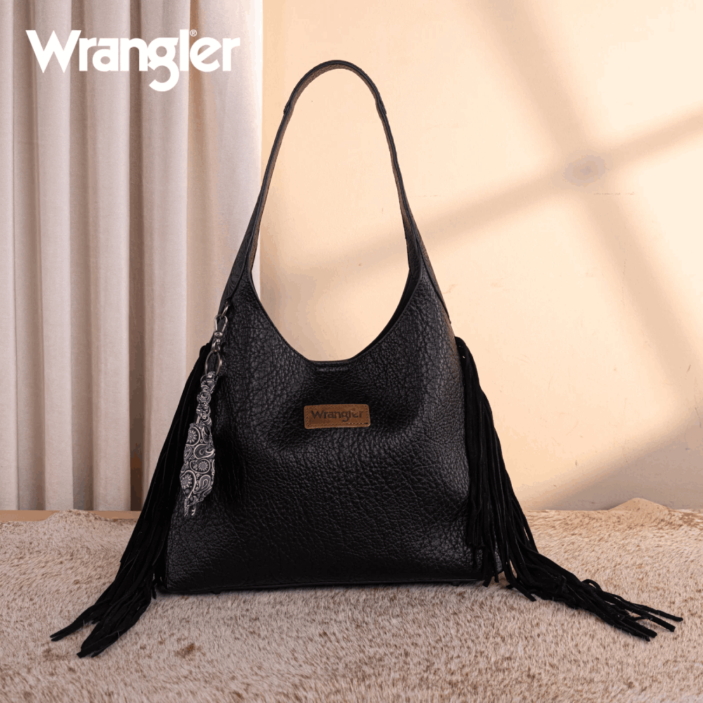 Wrangler Womens Fringe Floral Tooled Hobo Bag Black