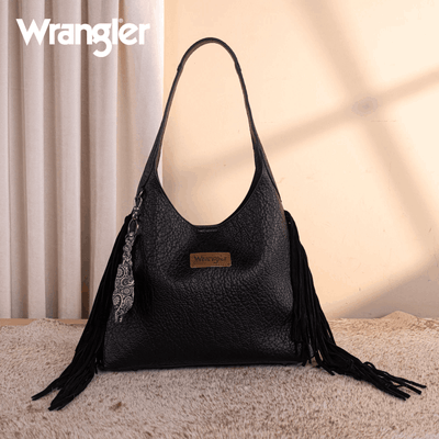 Wrangler Womens Fringe Floral Tooled Hobo Bag Black