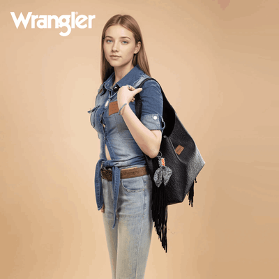 Wrangler Womens Fringe Floral Tooled Hobo Bag Black