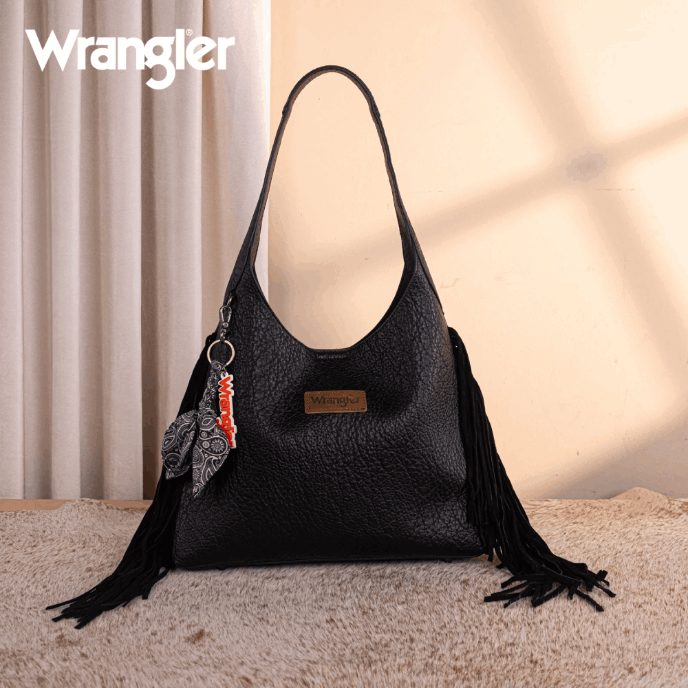 Wrangler Womens Fringe Floral Tooled Hobo Bag Black - WG279-9182BK