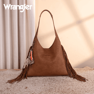 Wrangler Womens Fringe Floral Tooled Hobo Bag Brown 