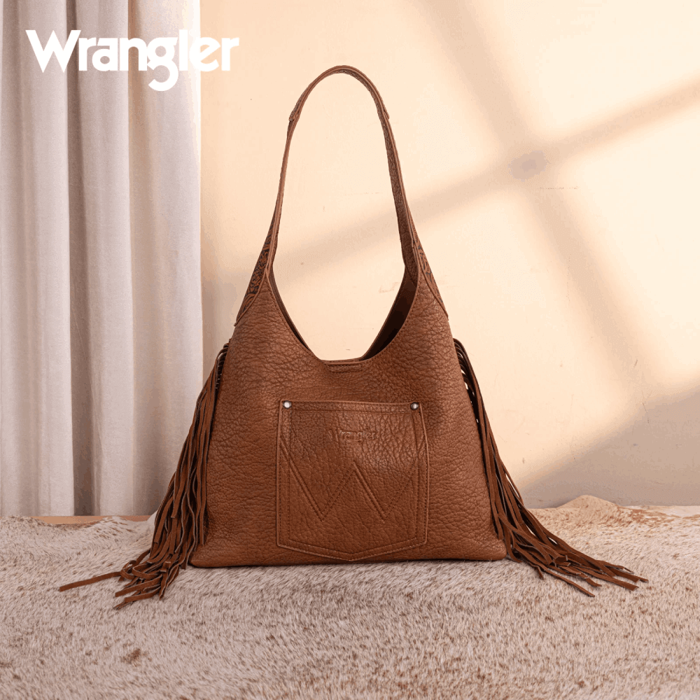 Wrangler Womens Fringe Floral Tooled Hobo Bag Brown 