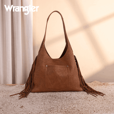 Wrangler Womens Fringe Floral Tooled Hobo Bag Brown 